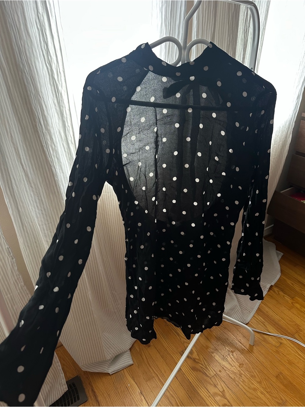 H&M Black Sheer Polka Dot Backless Long-Sleeve Dress